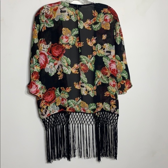 Quinn Digital Rose fringe hem open kimono cardigan small - Picture 6 of 8